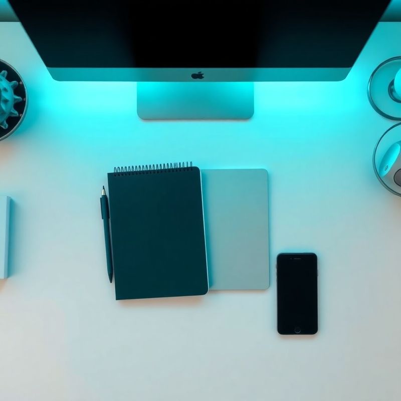 Minimalistické pracovisko s notebookom a notesom, teal akcent